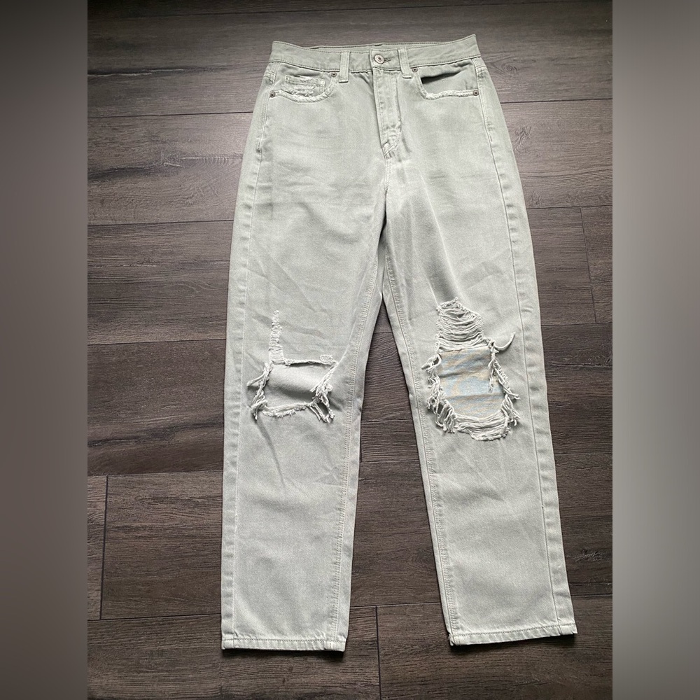 American Eagle Womens Ripped Mom Straight Jeans Light Green Size 4S NWT